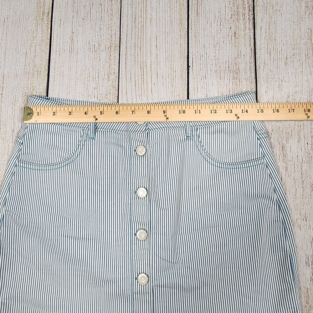 Milk Blues Teal & White Striped Denim Mini‎ Skirt Button Front Pockets Medium